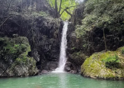 Secret waterfall on the Malampaya Special Tour in Palawan, falling into a turquoise pool surrounded by jungle.