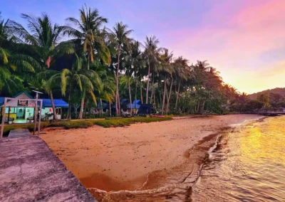 Stunning golden sunset with palm trees on the beach at DK2 Resort, Palawan.