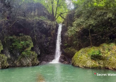 Secret jungle waterfall flowing into an emerald green pool, hidden deep within the Malampaya Sound rainforest.